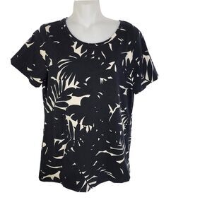 Ann Taylor Womens T Shirt Medium Black Cream Midnight Jungle Print Short Sleeve